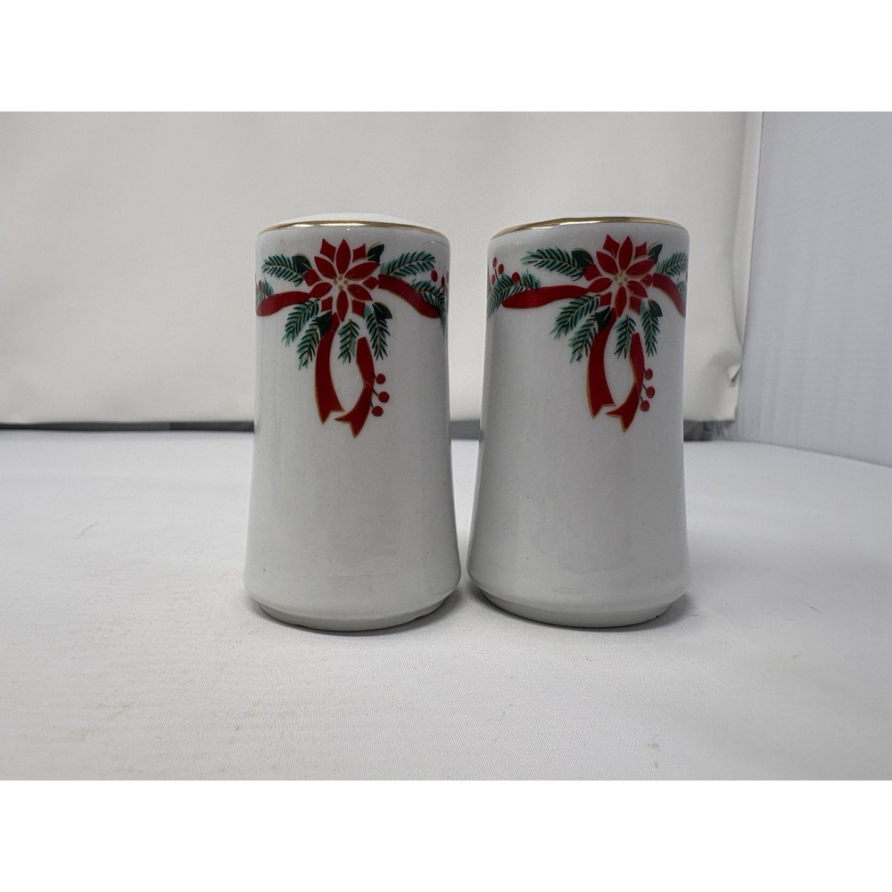Vintage Elegant Christmas Poinsettia & Ribbons Ceramic Salt & Pepper Shakers